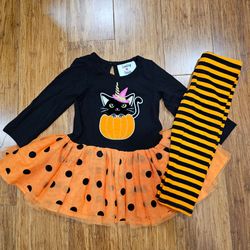 Counting Daisies Halloween Black Cat Pumpkin Tutu Dress Striped Leggings Set 18M