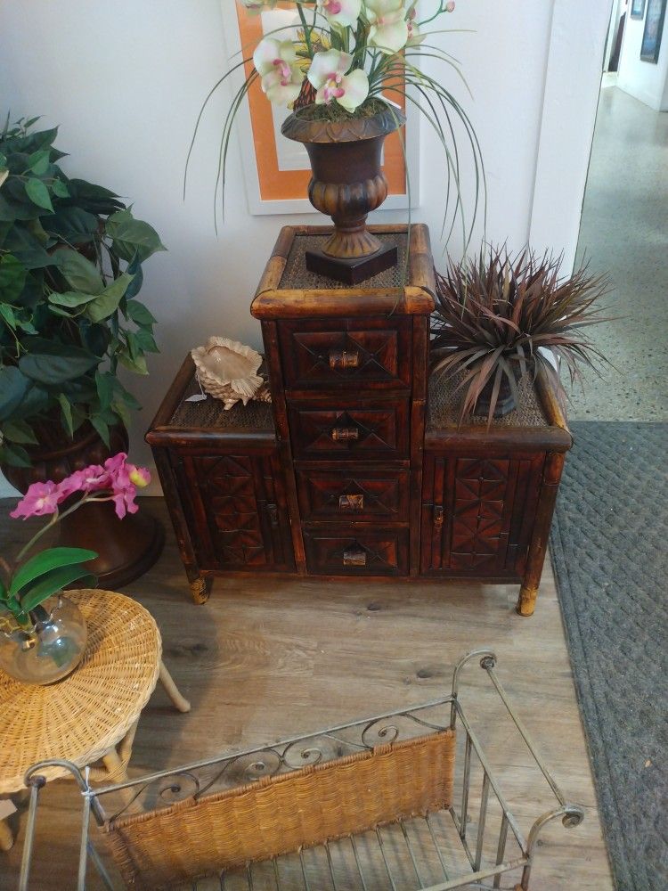 Bamboo Rattan Side Table/Cabinet With Drawers 