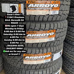 LT265/70R17 ARROYO AT A SET OF FOUR NEW TIRES, INCLUDES MOUNTING AND BALANCING WITH WARRANTY, ASK  ME FOR ANY SIZE OR BRAND, WE HAVE THE BEST PRICES!!