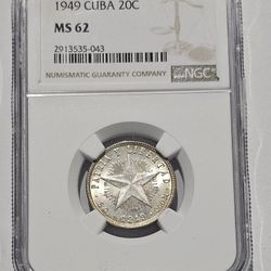 20 Centavos 1949 Silver Cuba MS 62