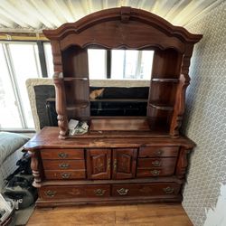 Vintage Wooden Hutch with Drawers and Display Shelves