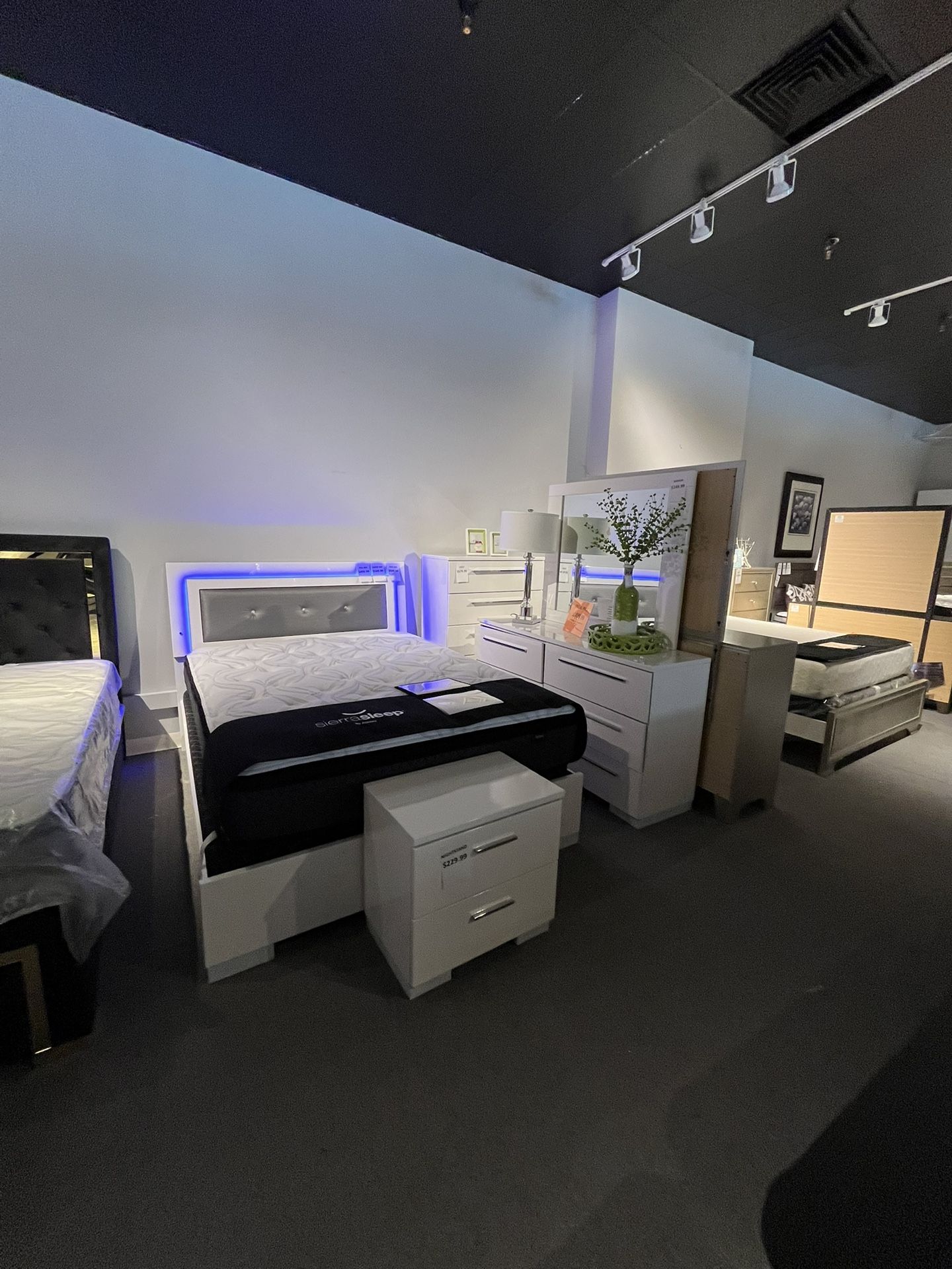 White Queen Bed, Dresser, Mirror And One Nightstand