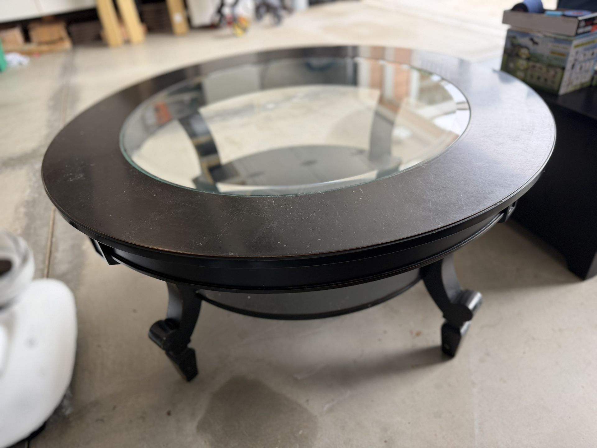 Round Coffee Table with Glass Center – Dark Wood