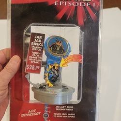 Vintage 1999 Nelsonic Star Wars Episode I Jar Jar Binks Talking
Character Watch New Sealed. UPC 03678.
Vintage New Old Stock. Factory sealed