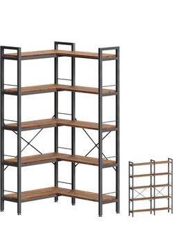 5 Tier Bookshelf, L Shaped Corner Bookshelf with 10 Open Shelves, 49.4 Inch Straight Wide Bookcase with Metal Frame and Wooden Board, Adjustable Feet,