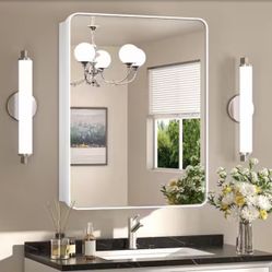 KeonJinn 24 in. W x 32 in. H Rectangular White Stainless Steels Framed Recessed/Surface Mount Medicine Cabinet with Mirror