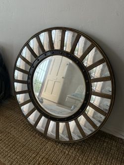 Regency Style Circular Brass & Lacquer Mirror with Convex Surround