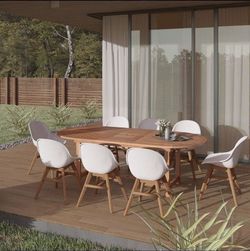 BRAND NEW Open Box 9 Piece 100% FSC Solid Wood Extendable Table With White Chairs Patio Dining Set | Ideal Furniture Set For Outdoor