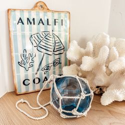 Vintage Blue Glass Float Original Rope Decor Beach Coastal Nautical Art Hand Blown Japanese Fishing