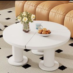 Round Petal-Shaped Coffee Table, Cream Style Center Table with 3 Thick Legs, Minimalist Irregular End Table 