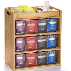 3 Tier Bamboo Tea Bag Storage Organizer, 14" x 11" x 6.5" Vertical Tea Packet Rack with Drawer, Store Over 180 Tea Bags
