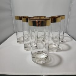 Tom Collins High Ball Glasses Decorative Gold Band MCM Set Of 6 Preowned (HS)