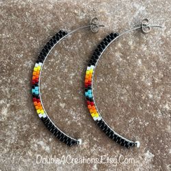 Black With Native Colors Beaded Half Hoops, New, Handmade By Me