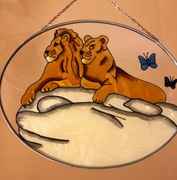 Lions & Butterflies Oval Stained Glass Sun Catcher