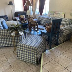 Handmade Blue &white Couch 3 Piece Set