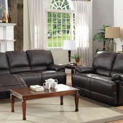 Brand New Brown Bonded Leather Manual Reclining Loveseat + Sofa With Drop Down Cup Holders
