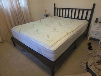 Like new queen size mattress, frame and bamboo topper
