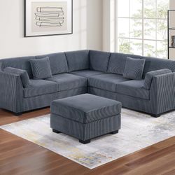 DARK GREY CORDUROY SECTIONAL SOFA W/ Ottoman (NEW IN BOXES)
