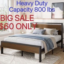 BIG SALE FULL/ QUEEN Size Bed Frame, Heavy Duty Metal Platform Bed with Wooden Headboard & Footboard