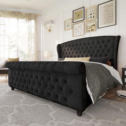 King Size Platform Bed Frame, Velvet Upholstered Sleigh Bed with Scroll Wingback Headboard & Footboard/Button Tufted/No Box Spring Required/Easy Assem
