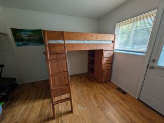 Wooden Loft Bed with Dresser and Shelves