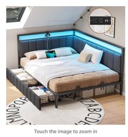 Full size corner bedframe with storage drawers charging station and LED lights new