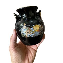 Vintage Japanese Porcelain squat Vase Black Pheasants