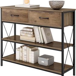 Industrial Console Table with Drawers, Vintage Hallway Foyer Table with Storage Shelves, Narrow Long Sofa Entryway Table for Living Room, Ru