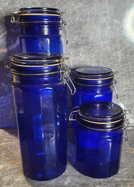 Set of 4 Vintage Cobalt Blue Glass Canisters with Metal Clasping Seal,