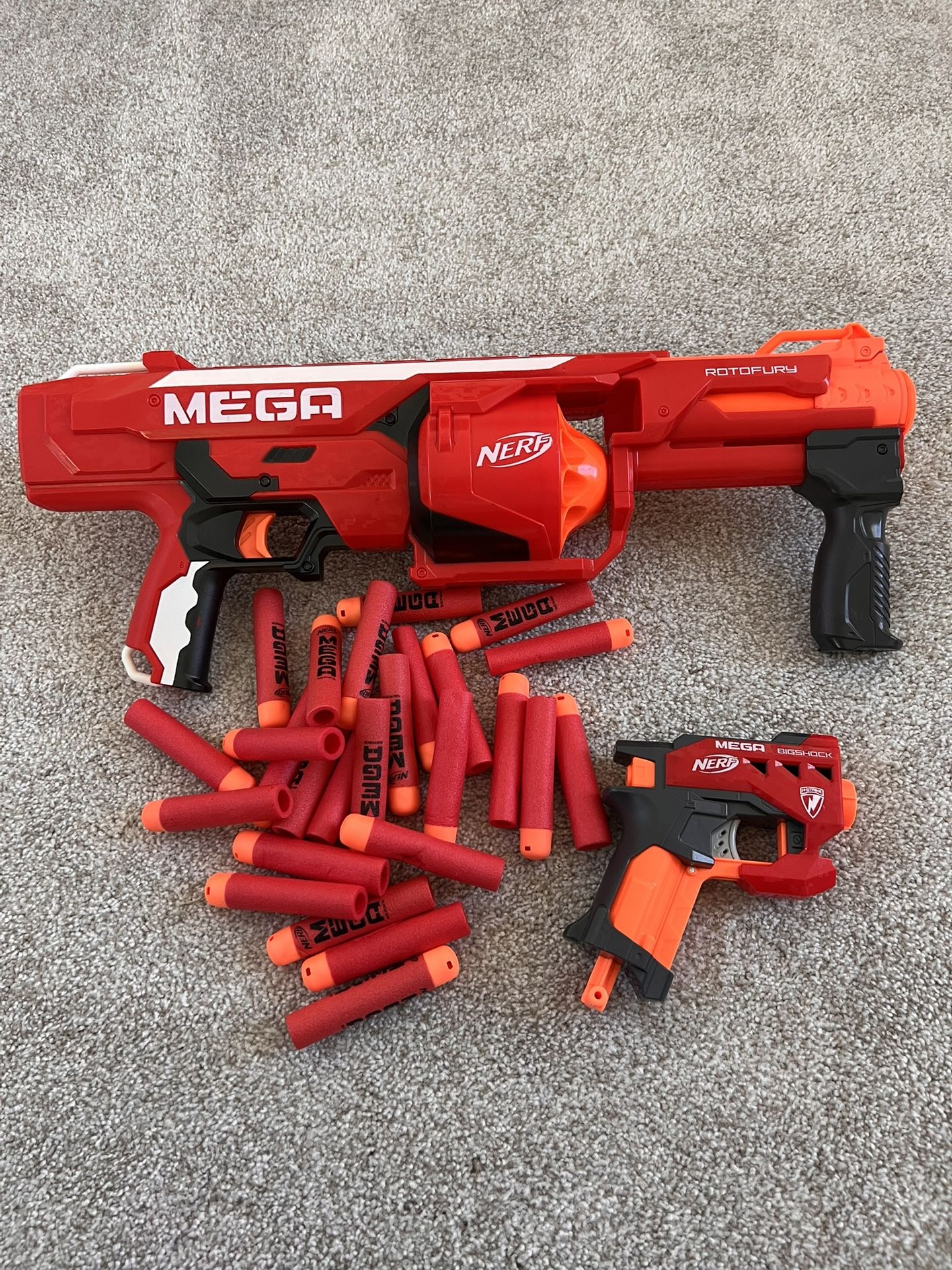 Title Nerf N-Strike Mega Rotofury and Mega BigShock Blaster plus 26 Darts
