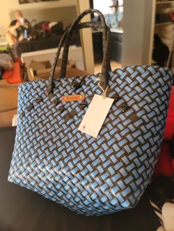hand-woven blue and black Bayongciaga tote bag