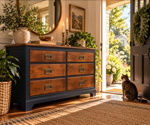 Elegant two-Tone Dresser warm walnut wrapped in custom mixed deep midnight Antique Brass Hardware