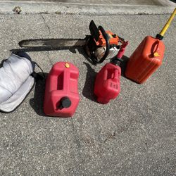 Stihl 032AV 20” Chainsaw, Chaps, Gas Cans, Oil Drain Pan