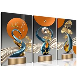 3 Pcs Bright Style Canvas wall Art Golden Deer Luxury Foil Lines Paintings Pictures