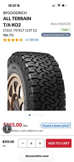 4x BFGoodrich KO2 315/70R17 Tires - Ford Raptor - 3 @ 11/32, 1 @ 13/32