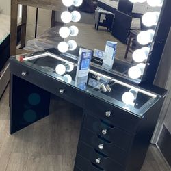 Black Vanity Desk And Black Bluetooth Mirro