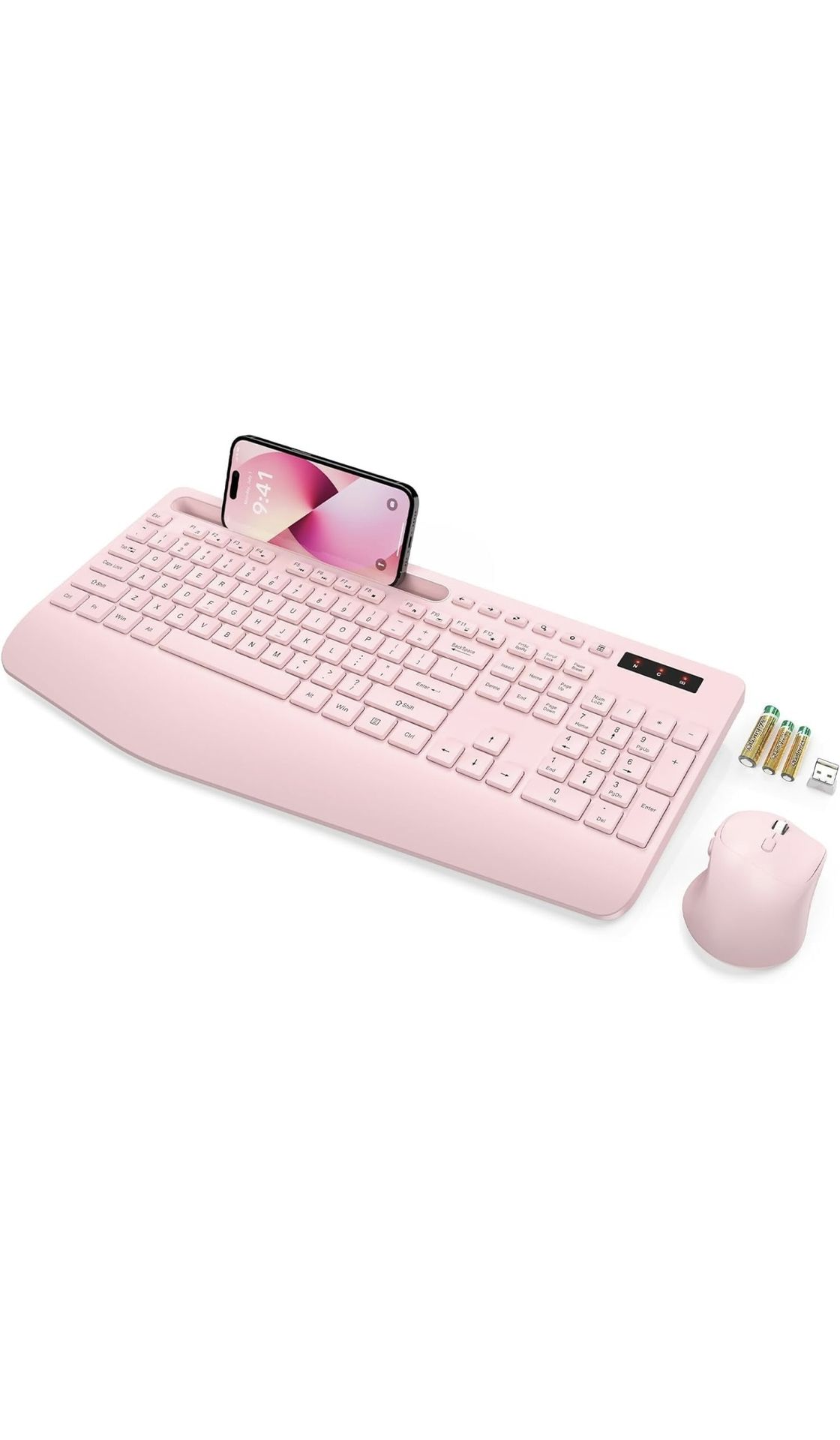 SABLUTE Wireless Keyboard and Mouse, Wrist Rest, Phone Holder, Batteries Included, 2.4G Lag-Free Ergonomic Keyboards Mouse Combo, Silent Keyboard Cord