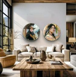 "Cowgirl And Apache Indian" Oil And Acrylic On MDF,Round Original Paintings 