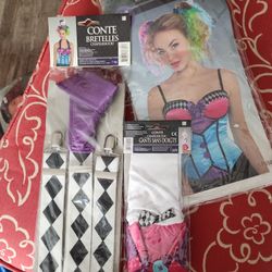 Mad HATTER CORSET, Suspenders and Fingerless Gloves