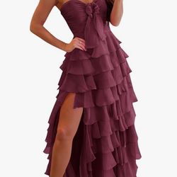Prom Dresses 2026 Strapless Ruffle Long Ball Gown with Slit Bow Formal Evening Party Gown