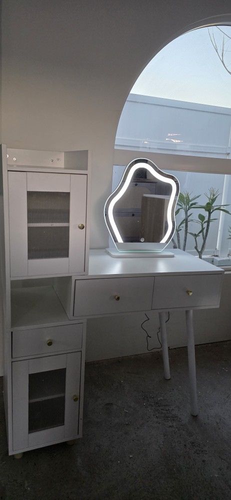 SPECIAL $75 NEW Vanity with Mirror, Dimmable Lights, Shelves, Drawers