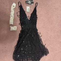 New Large Black Sequin Fringe Dress Costume 