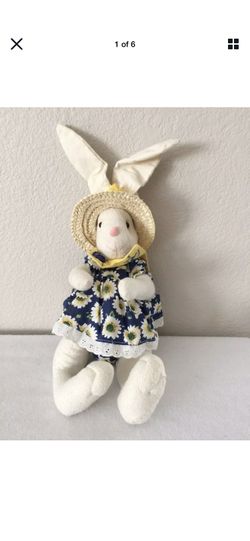 Anco 1996 Vintage Ear Soft Body Cloth Female Bunny Rabbit Doll 17" Daisies