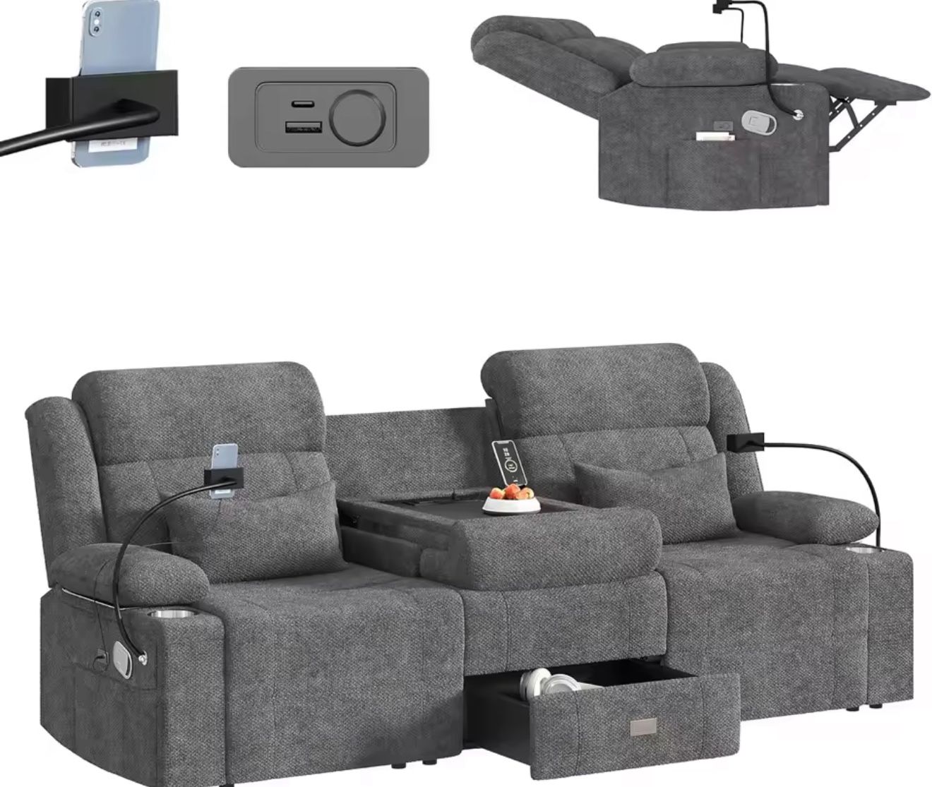 3-Seater Recliner Sofa w/ USB Ports, Console Table & Storage – Gray Fabric