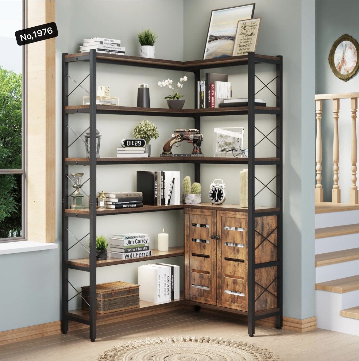 6-Shelf Corner Bookshelf, Vintage Industrial Corner Shelf Etagere Bookcase, Large Book Shelf with Metal Frame Open Storage Corner Cabinet (Brown-Locke