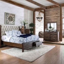 Brand New Rustic Natural Tone, Beige 6pc Queen Size Bedroom Set 
