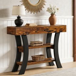 Turrella 41.34 in. Brown 3-Tier Rectangle Wood Console Table Sofa Table with Storage and Curved Frame for Entry, Hallway