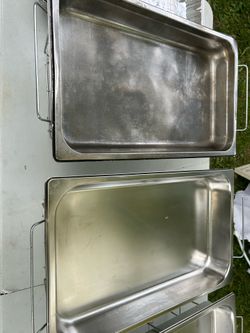 Commercial  stainless  pans and set chrome  wire dish stands .