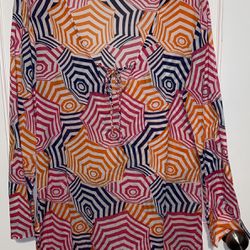 Mud Pie Multicolored Umbrella Long Sleeve Tie Front Beach Cover Shirt size large 