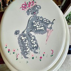 Calling All Poodle Dog Lovers - Vintage hand painted Parisian poodle wooden toilet seat - 1950s. Unique retro